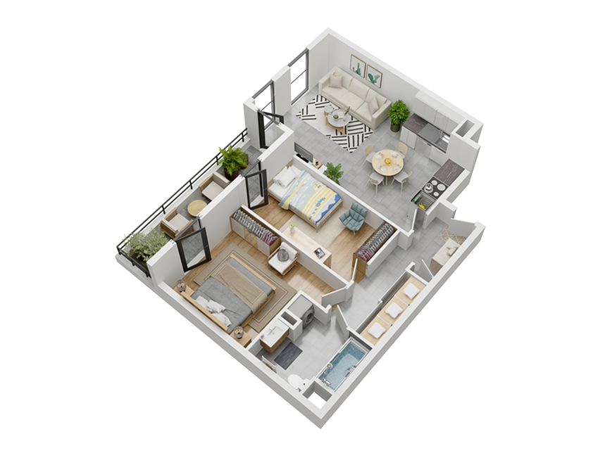 Plan en axonométrie d’un appartement Ancre Turquoise